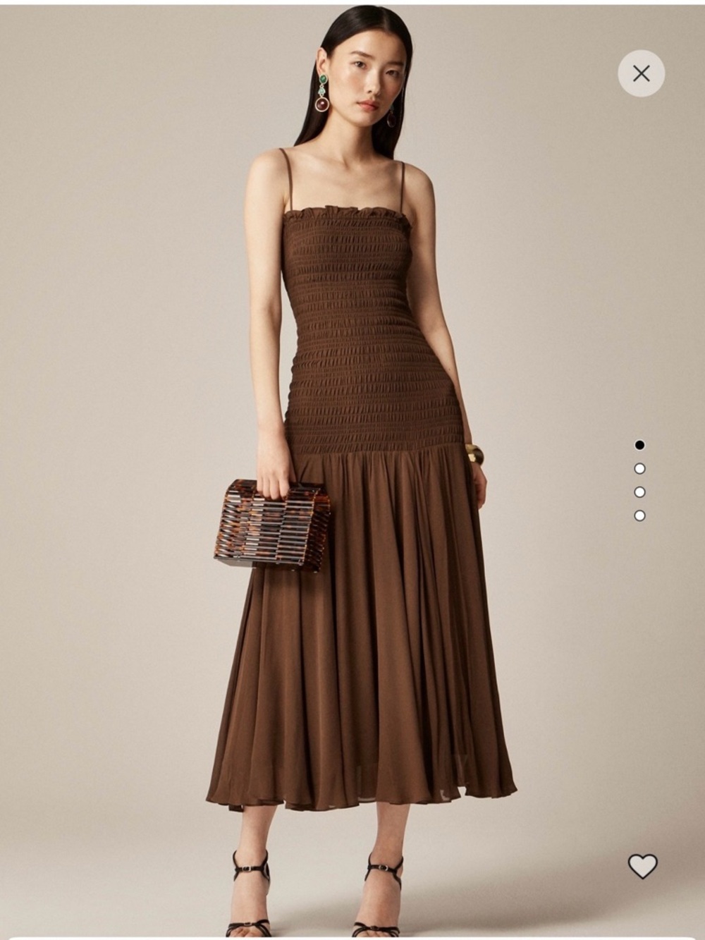 J. Crew Brown Smocked Bodice Midi Dress